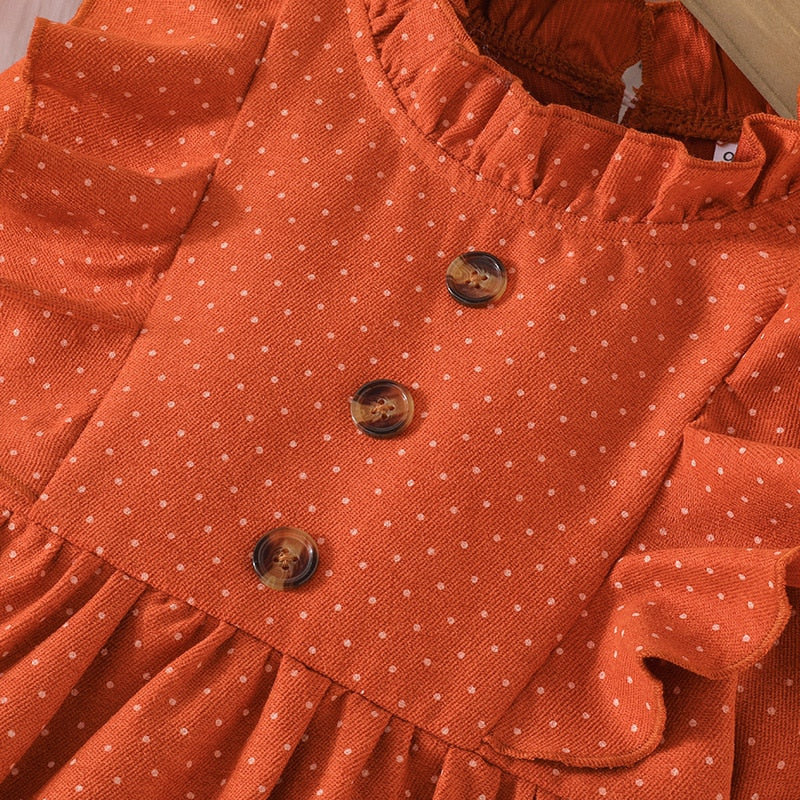 Kids Girls Spring Autumn Children Cotton Ruffles Collar Single Breasted Dress - BTGD8503