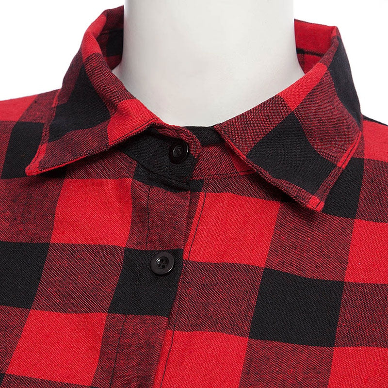 Women new casual long-sleeved red plaid lapel mid-length fashionable Blouse
