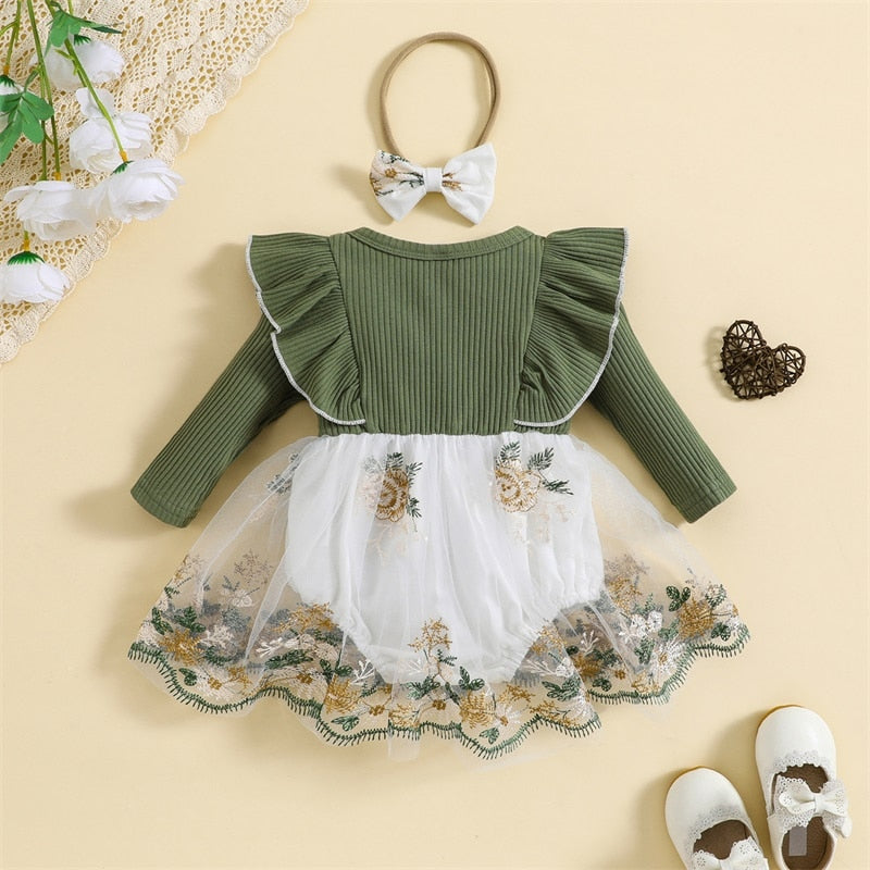 Baby Girls 2 Piece Outfits Embroidery Long Sleeves Romper Dress - BTGD8459
