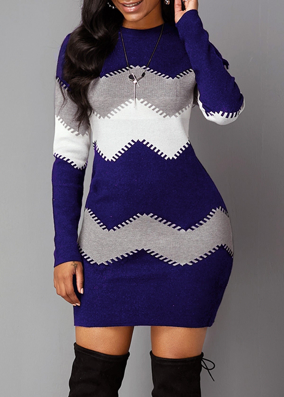 Women Knitted Multi-color Dress Plus Size Spring Autumn Wave Striped Long-sleeved Thin Sweater Dress - WD8153