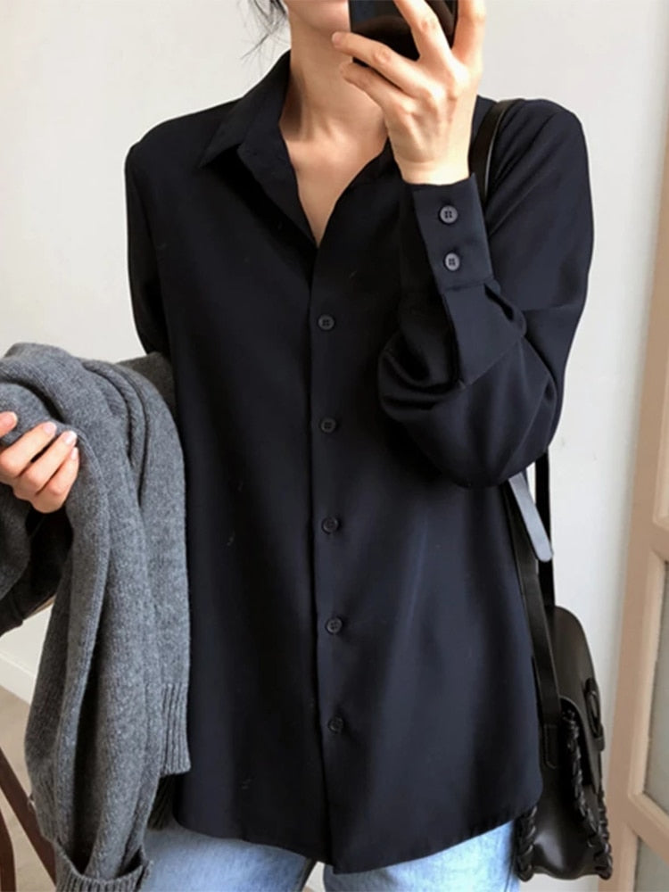 Women Summer New Arrival  Solid Black Chiffon Long Sleeve Casual Shirt Blouse - WSB8540