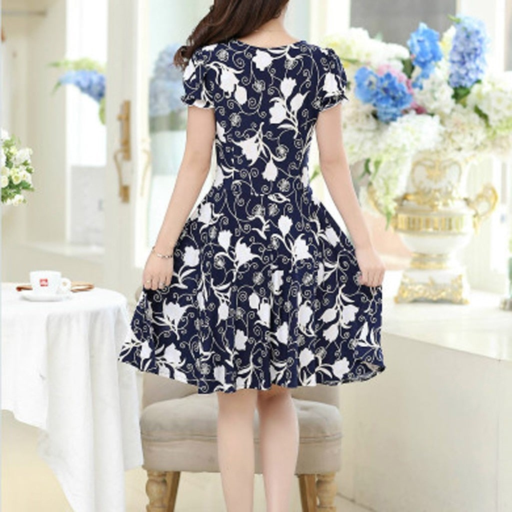 Women  Fashion Elegant Dresses O-neck Knee Length Short Sleeve Printed Dress - WD8006