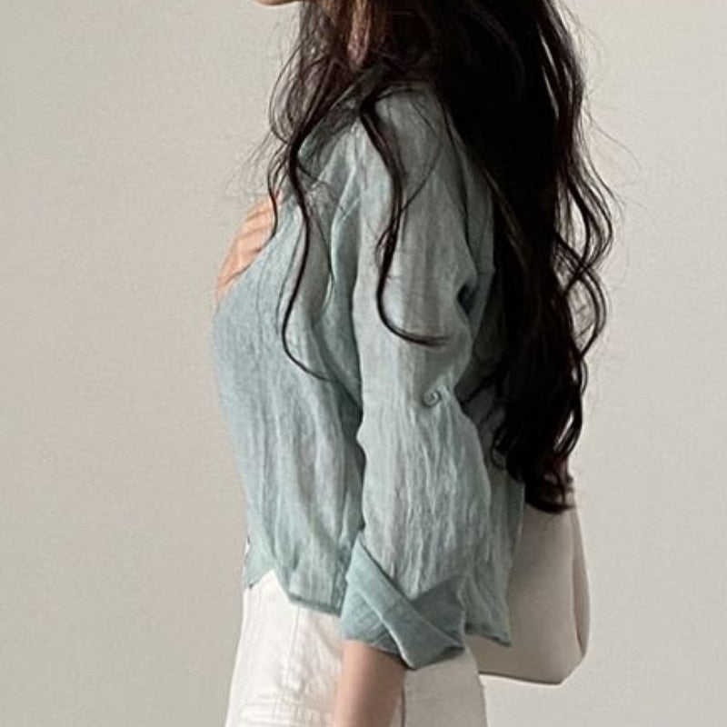 Women Loose Solid Breathable Sheer Long Sleeve Streetwear Summer Casual Blouse - WSB8547