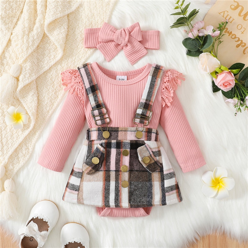 Infant Baby Girls Clothes Set Outfit Solid Color Knitted Ribbed Long Sleeve Romper + Plaid Suspender Bib Skirts + Headband Set - BTGO8374