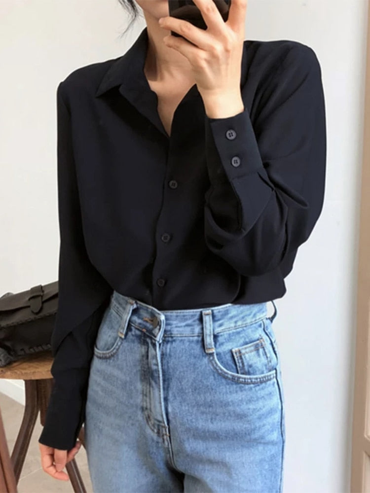 Women Summer New Arrival  Solid Black Chiffon Long Sleeve Casual Shirt Blouse - WSB8540