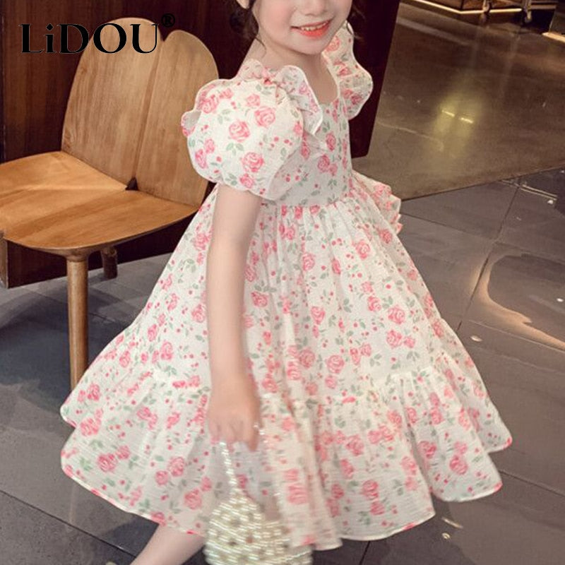 Kids Girls New Fashion Summer Vintage Cute Elegant Floral Loose Casual Dress - KGD8307