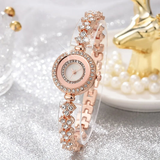 High-looking round quartz watch with full diamonds and small dial for women, fashionable and simple thin chain watch