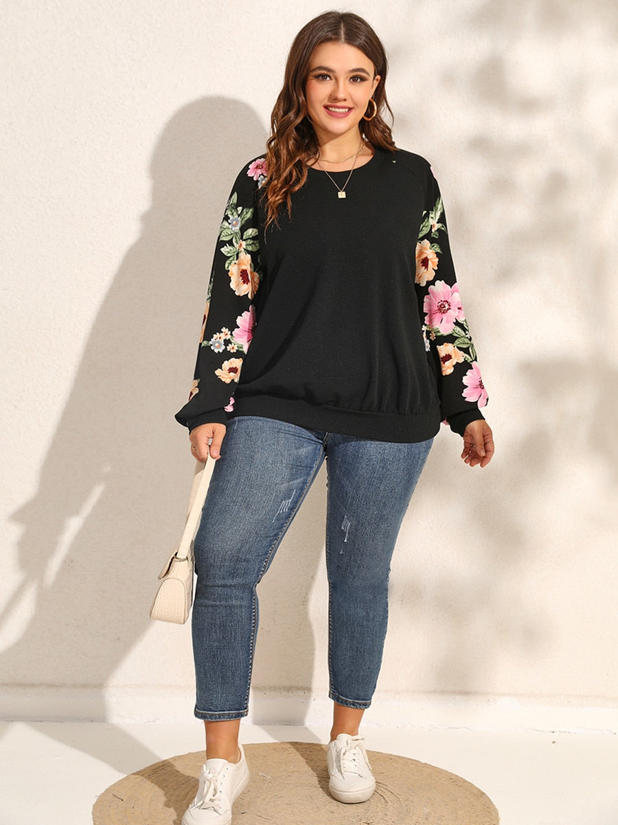 Women Floral Print Long Sleeves Tops Autumn And Winter Plus Size Sweatshirt Clothing - WTS8178
