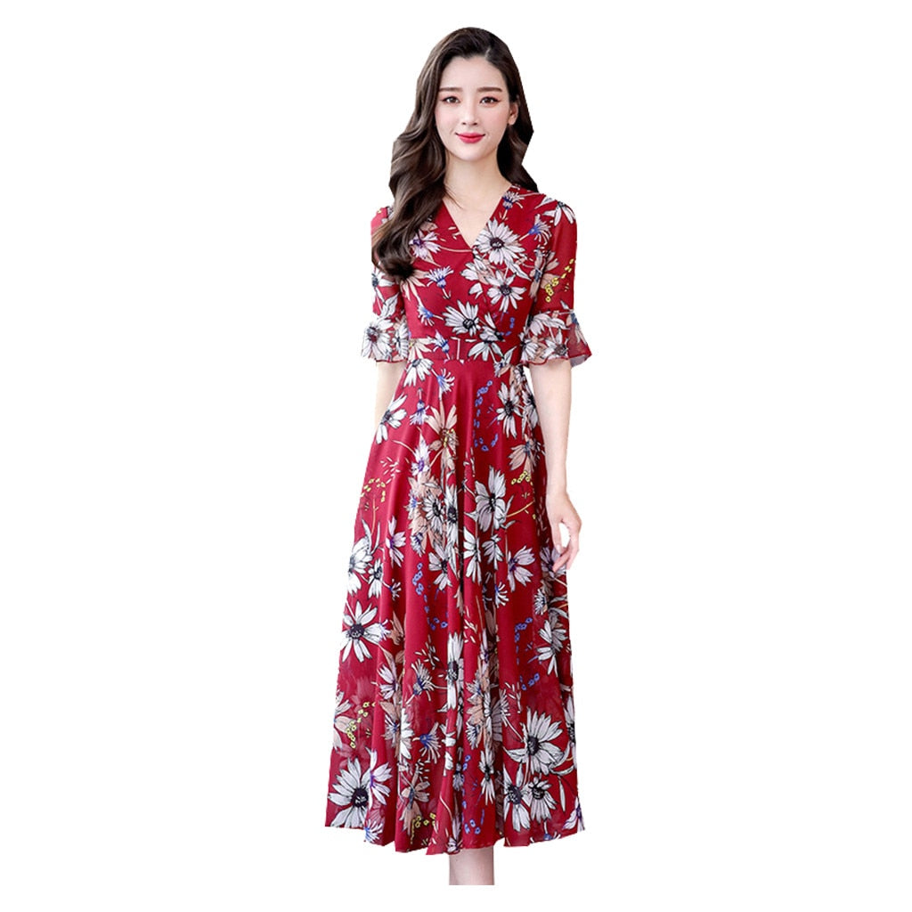 Women Floral Long Dress 2023 Casual Fashion Chiffon A Line V Neck Short Sleeve Summer Dress - WD8060
