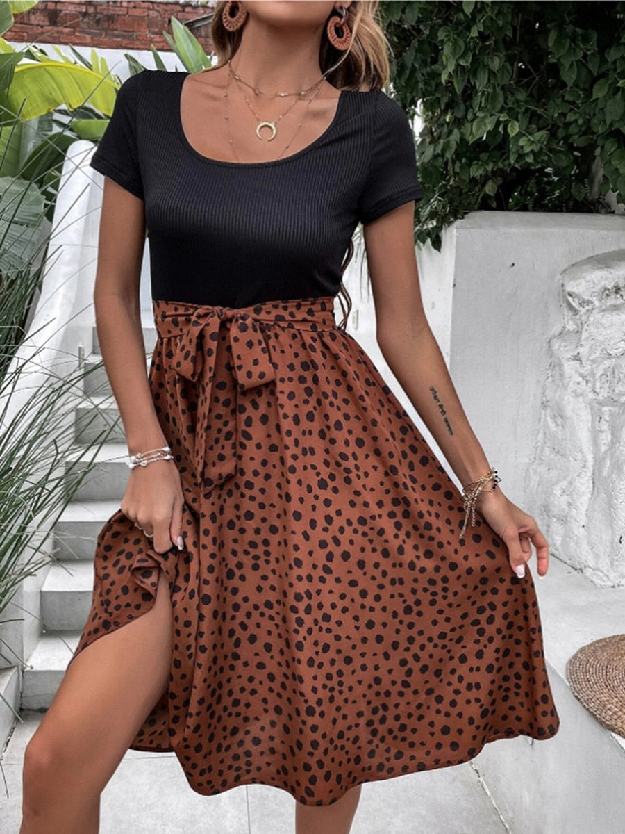 Women Dresses Bow Spliced Round Neck Floral Print Short Sleeve Pleated High Waist Strap Dress - WD8009