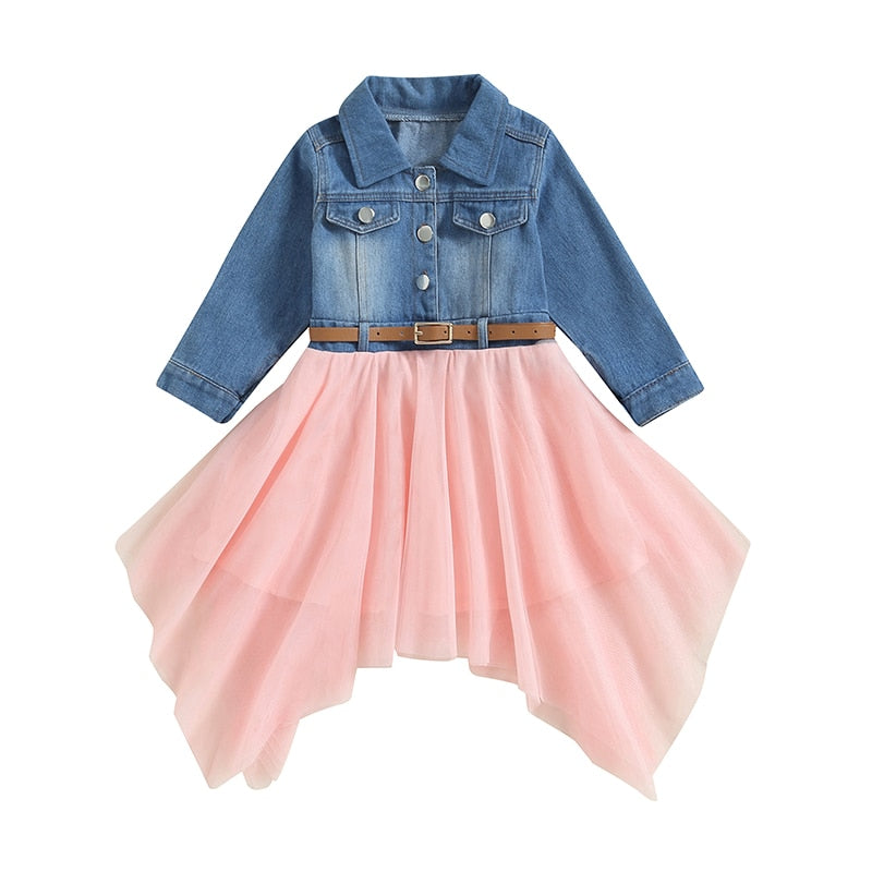 Kids Girls Tulle Denim Patchwork Dress, Long Sleeve Lapel Button Irregular Hem A-Line Dress - BTGD8480