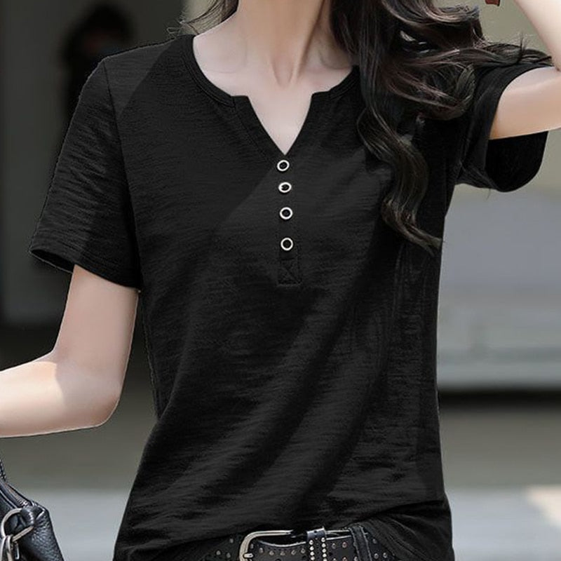 Women's Blouse Clothing V-neck Button T-shirt Spring Summer Loose Large White Short Sleeve Solid Elegant Casual Tops - WSB8527
