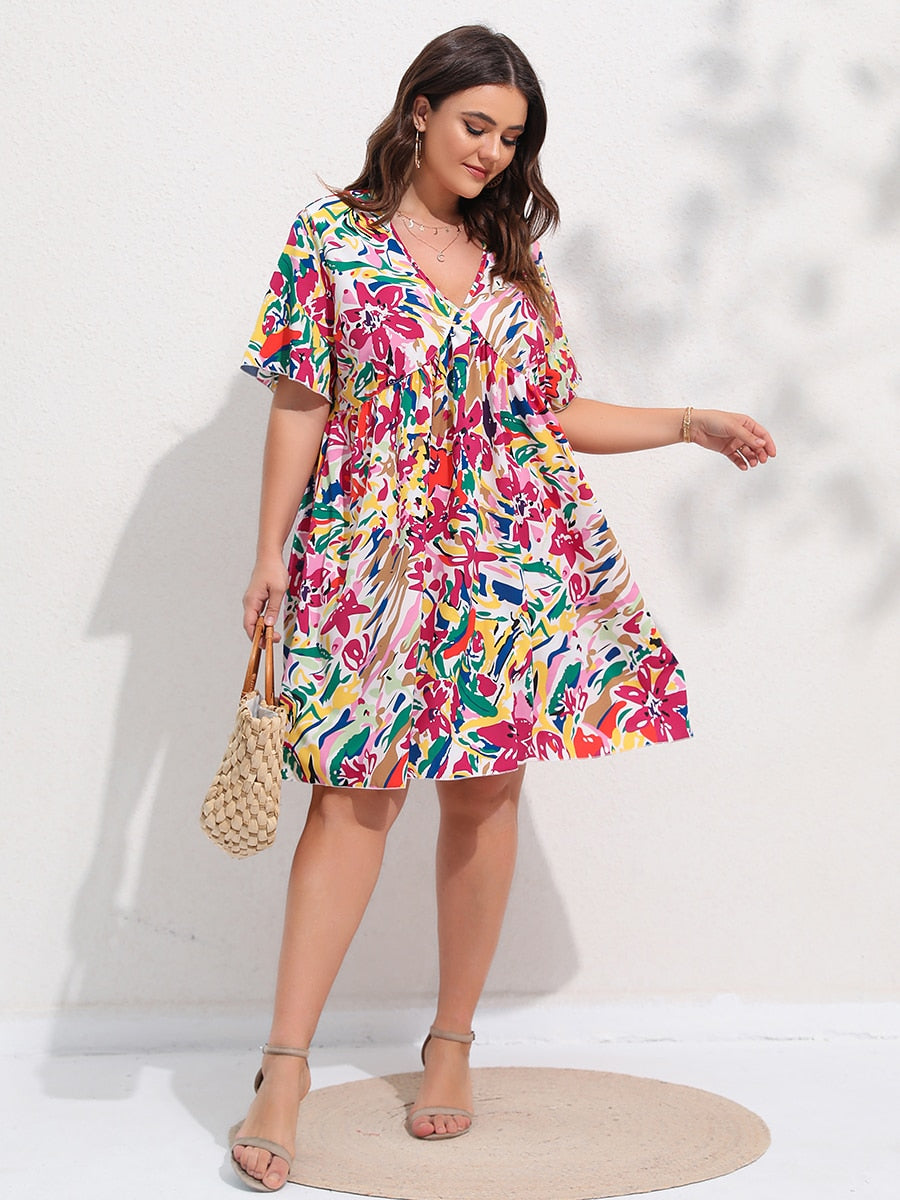Finjani Floral Print Flutter Sleeve Smock Dress Plus Size Deep V-neck Knee Length Skirt - WD8162