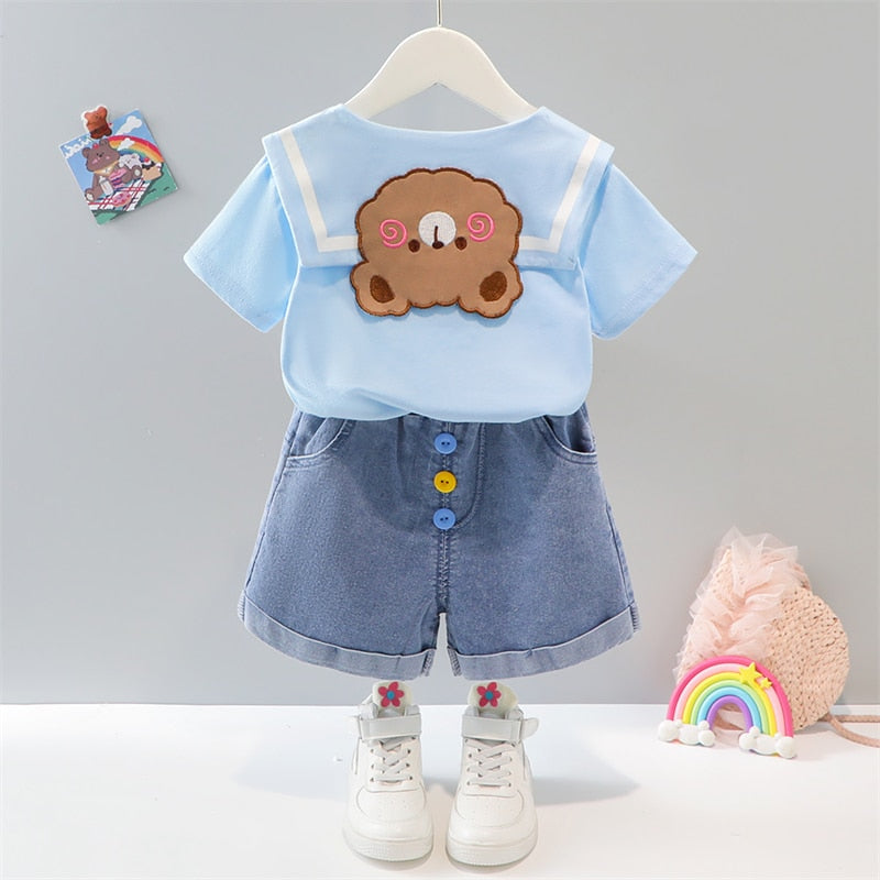 Baby Girls Sets Summer Toddler Kids Clothes Infant Cartoon T Shirt Denim Shorts 2 Piece Suit Casual Outfits - BTGO8397