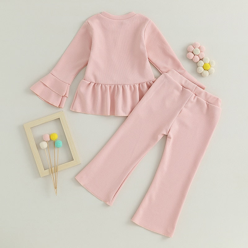 Baby&Toddler Girls Spring Fall  Long Sleeve Bow Decor Tops Flared Pants Girl Outfit Set - BTGO8393