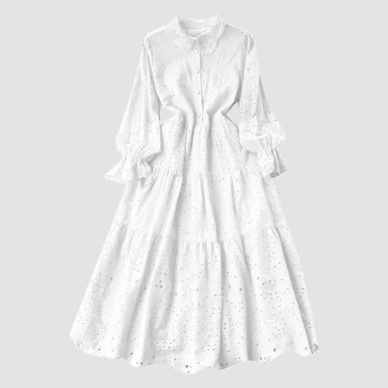 Women Cotton Hollow Out Summer White dress - WD8188