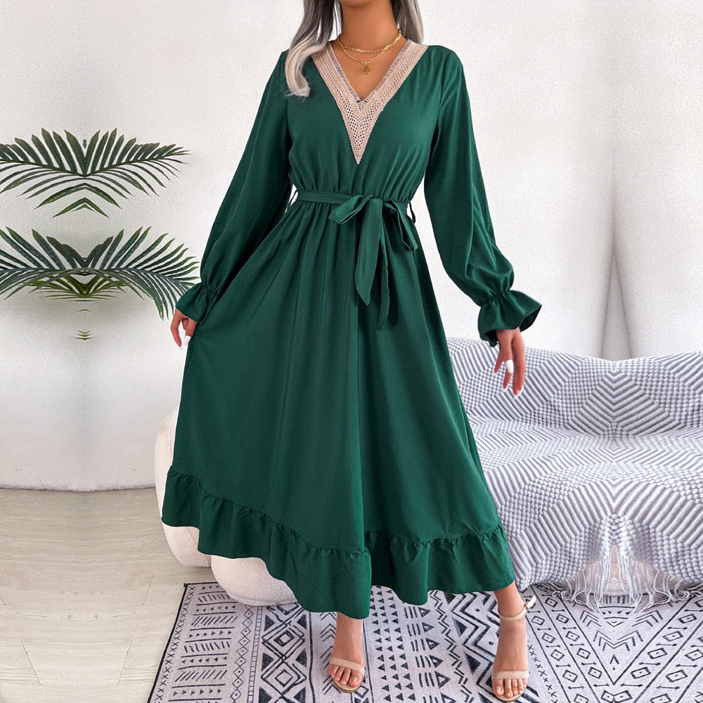 Women Spring Summer V Neck Lace Up High Waist Ruffle Edge Long Solid Color A Line Dress - WD8022