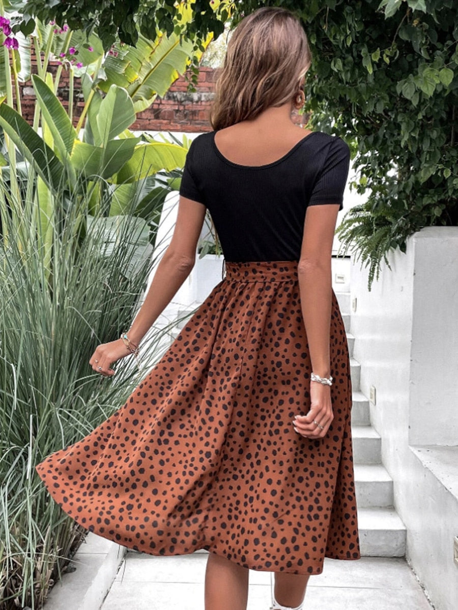 Women Dresses Bow Spliced Round Neck Floral Print Short Sleeve Pleated High Waist Strap Dress - WD8009