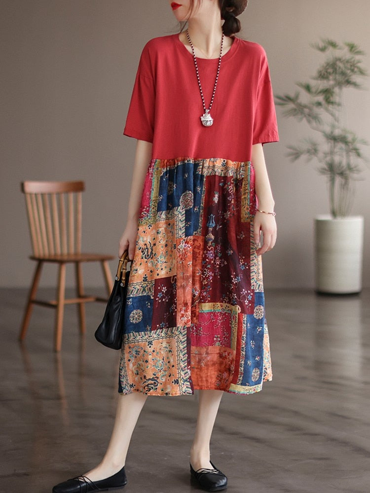 Women Summer Vintage Style Patchwork Color Floral Print Loose Female A-line Long Dress - WD8102