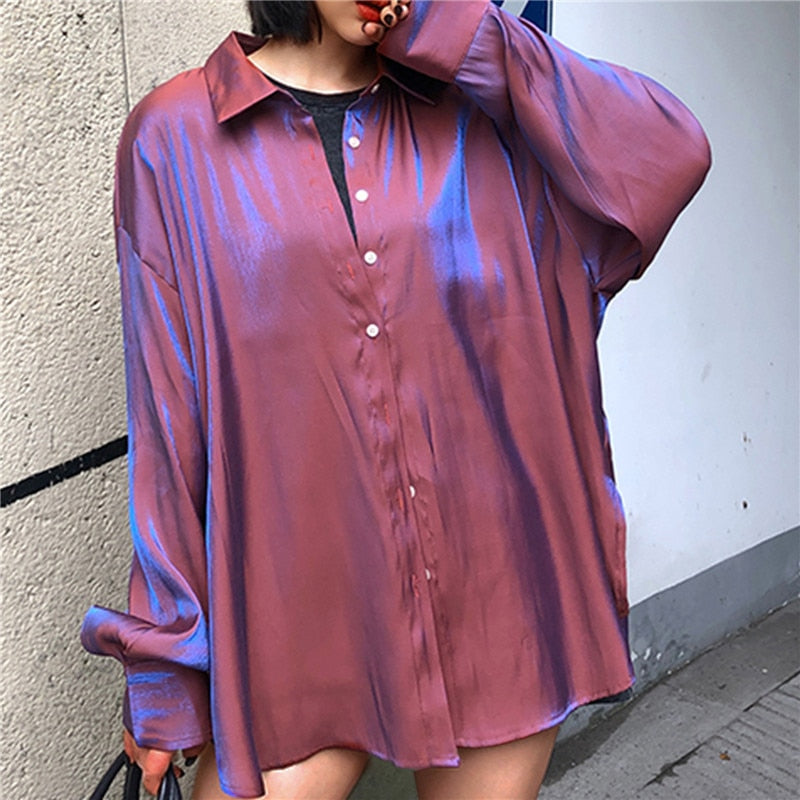 Women's  Collar Office Lady Blouse Vintage Silk Shirt Loose Button Up Down Shirts Solid Fashion Tops - WSB8541