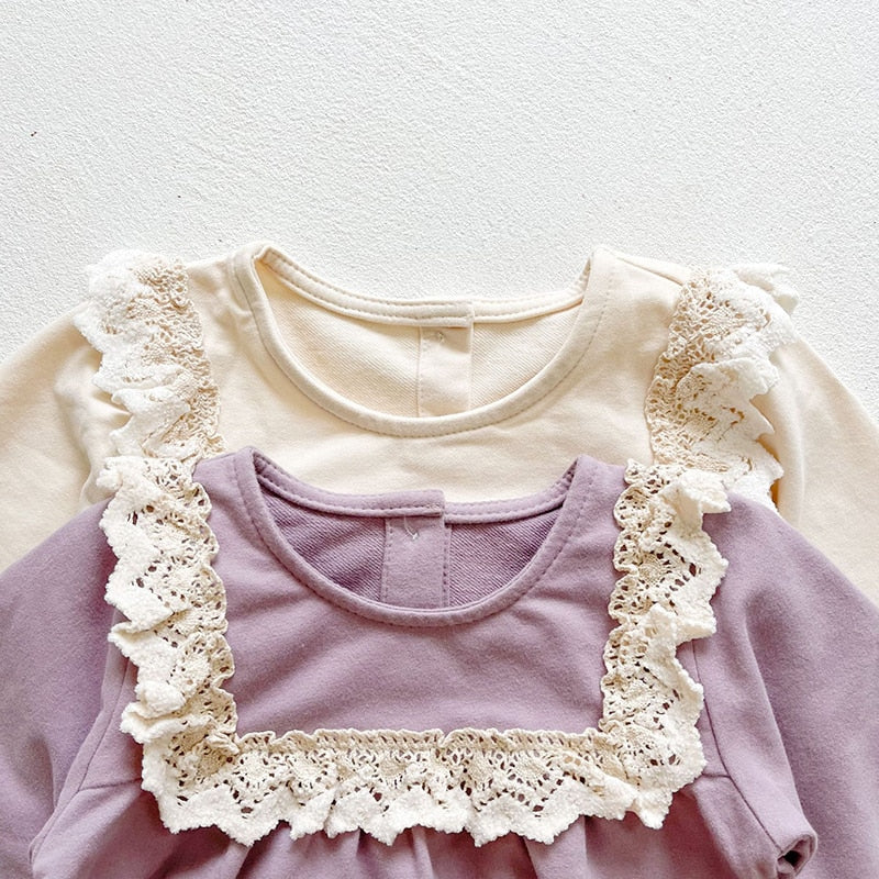 Baby&Toddler Girl Autumn Spring  Romper+Hat Splicing Lace Cotton Long Sleeve Jumpsuit - BTGR8421