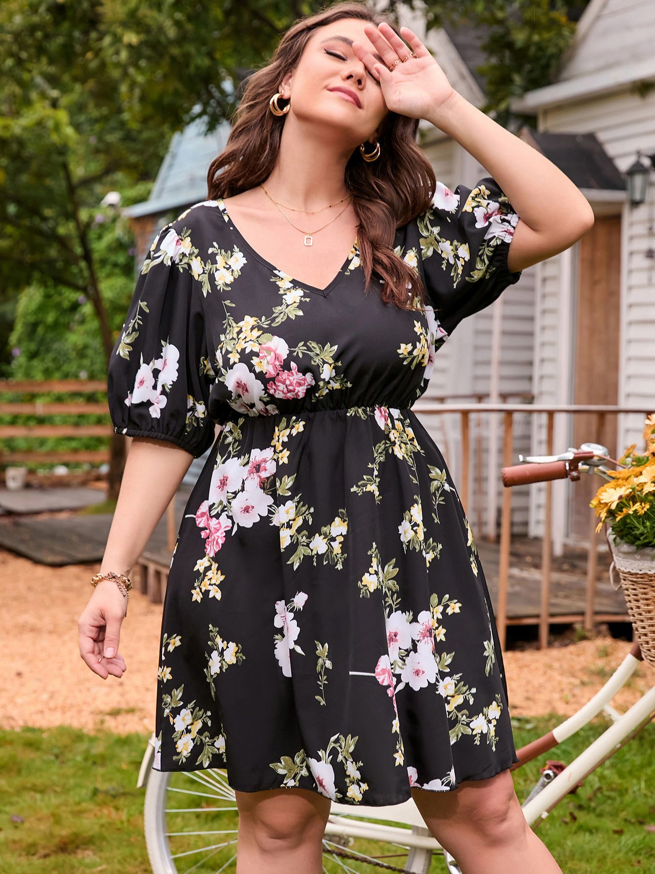 Women Plus Size Summer Black Floral Print Midi Loose V Neck Causal Dress - WD8157