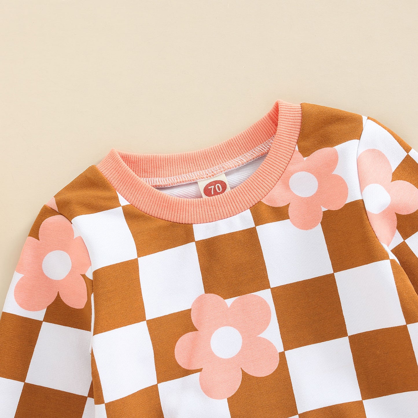 Toddler Baby Girls Autumn Casual Suit Checkerboard Flower Printed 2ps Set - BTGO8379