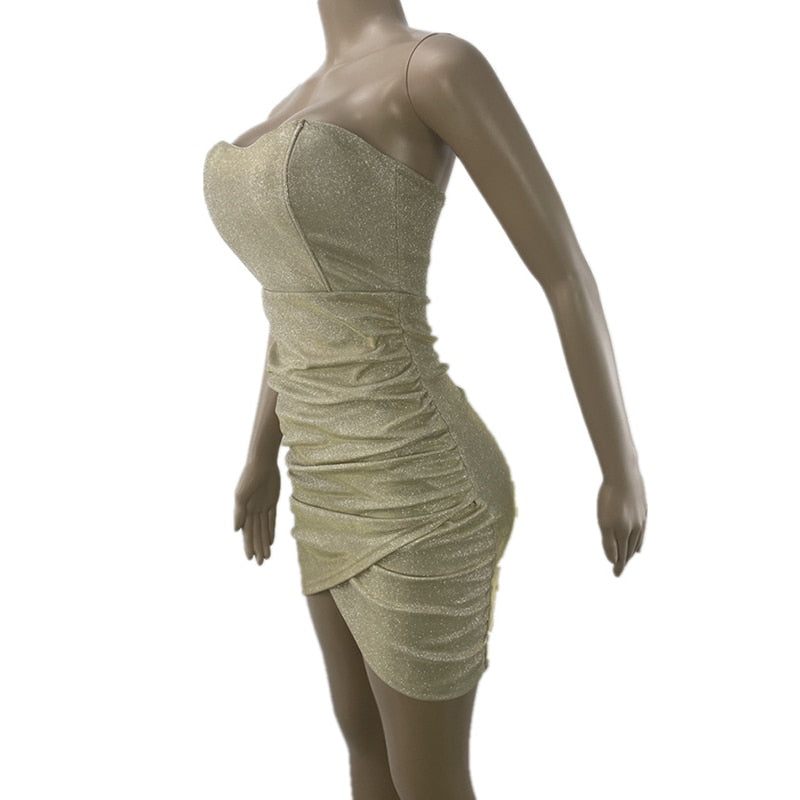 Women's Summer Party Strapless Wrap Breast High Waist Irregular Short Dress - WD8238