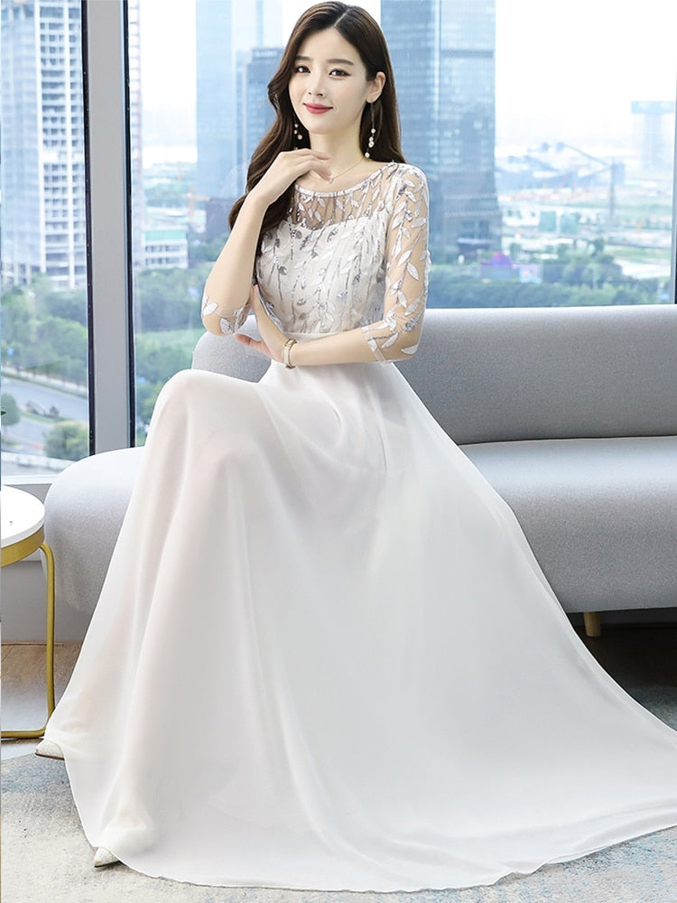 Women White Chiffon Wedding Long Dress Mesh Summer Midi Dress - WD8073