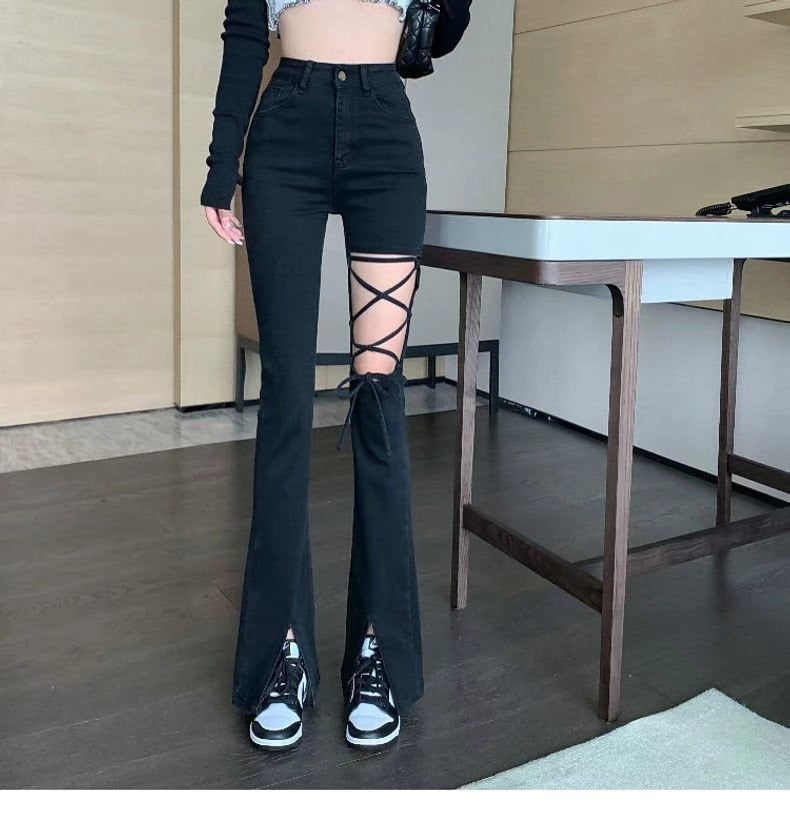Women's Black Ripped High-waisted Wide-leg Suit Summer Strap Micro Flared Pants - WJN0012