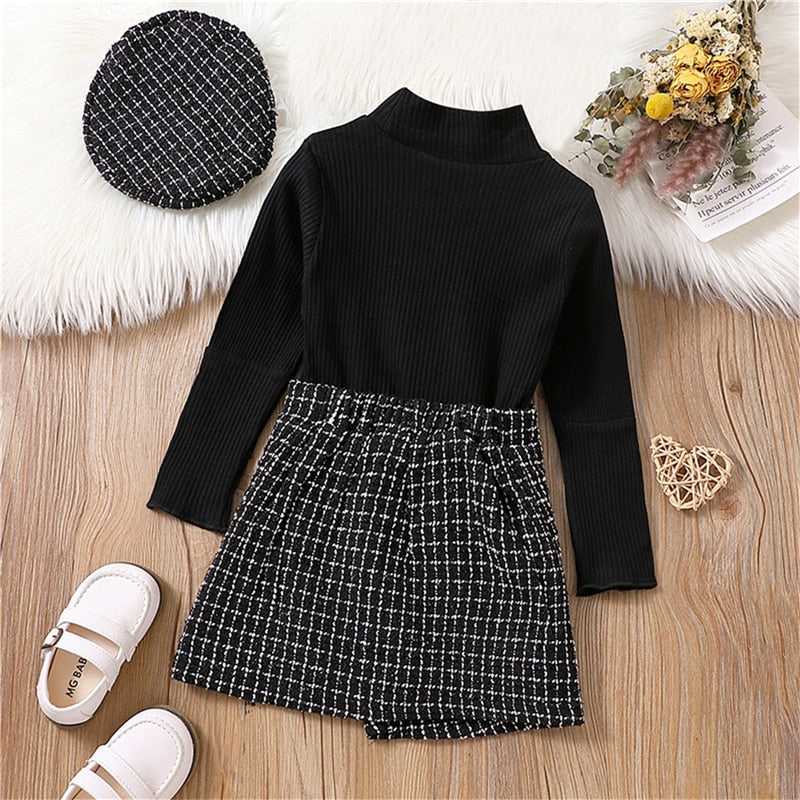 Kids Girls Outfits Set Solid Color Knitted Ribbed Mock Neck Long Sleeve Tops + Plaid Mini Skirts + Beret Hat Sets - BTGO8375