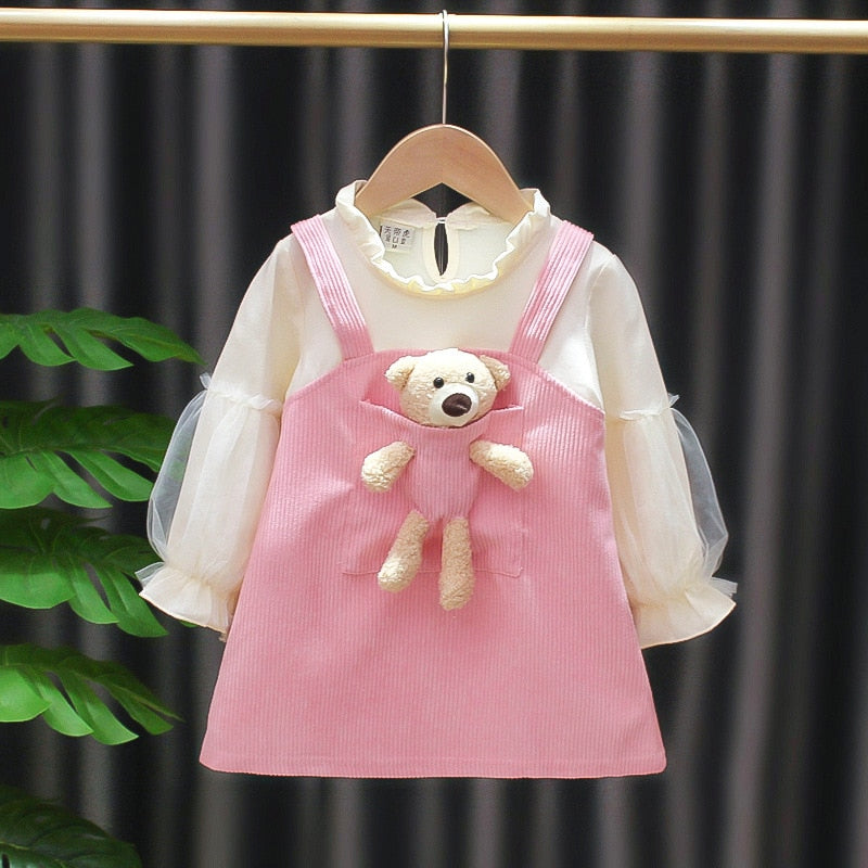Kid Dress Girl Princess Pocket Bear Gift Birthday Party Long Sleeve Dress - BTGD8494