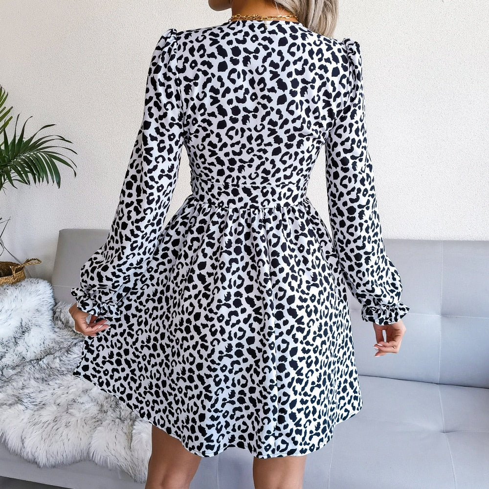 Women Spring Autumn V Neck Leopard Long Sleeve Skirt Dress - WD8081