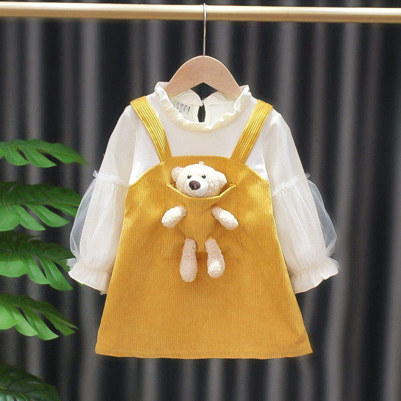 Kid Dress Girl Princess Pocket Bear Gift Birthday Party Long Sleeve Dress - BTGD8494