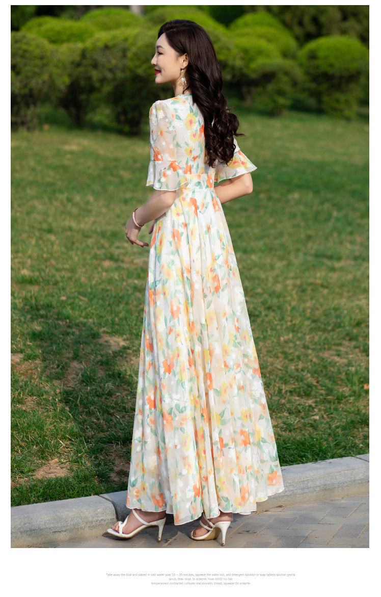 Women Summer Large Swing Lace Patchwork Chiffon V-neck Dress Beach Solid Color High Waist Slim Elegant Long Dress - WD8075