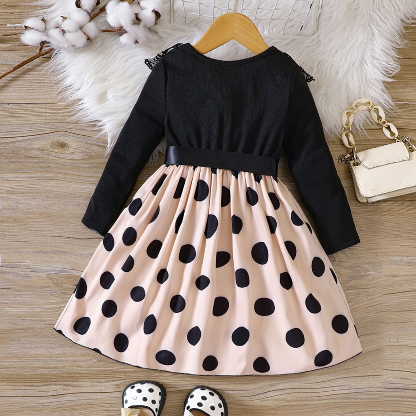 Toddler Girls Autumn Clothing Long Sleeve Black Lace Collar Polka Dots Dress - KGD8286