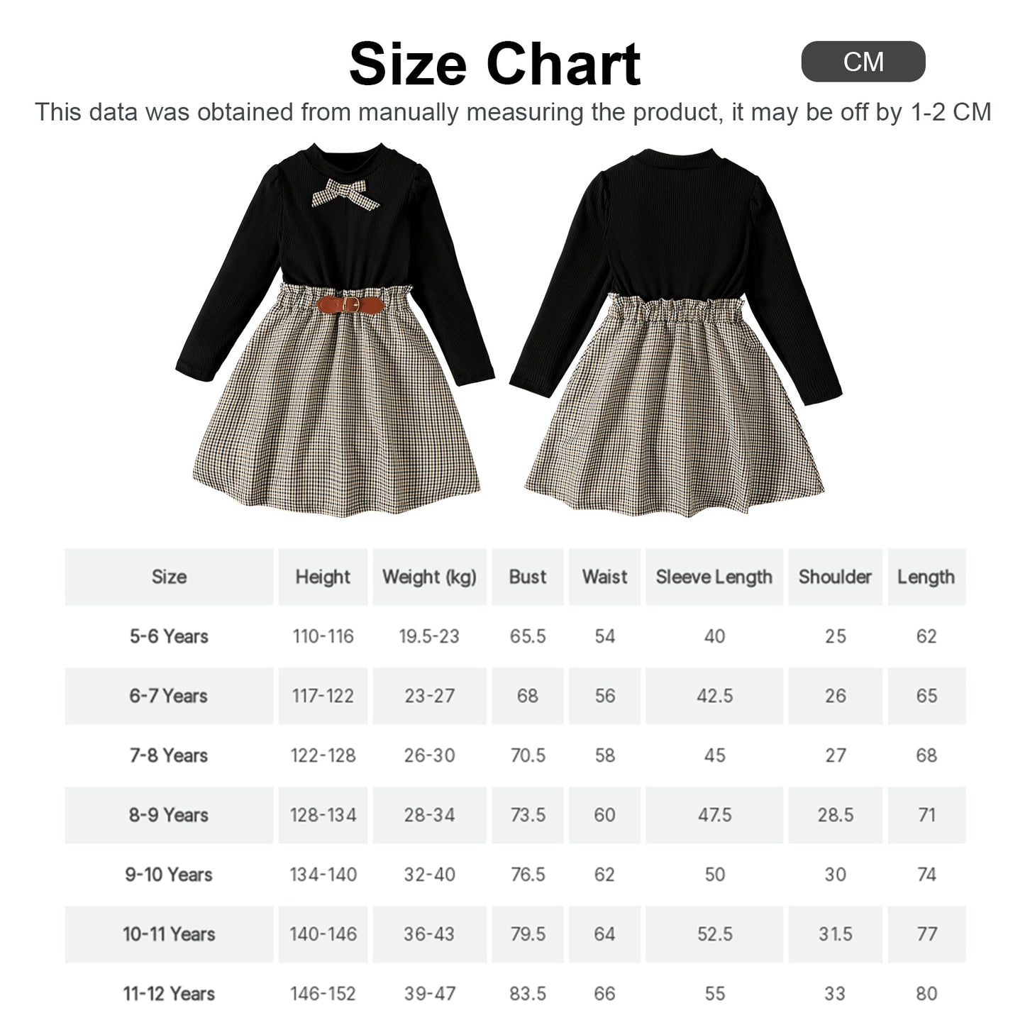 Kid Girl 2pcs Bowknot Design Mock Neck Long-sleeve Black Tee and Plaid Skirt Set Gress