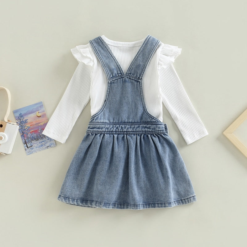 Baby&Toddler Girls Autumn Clothes Set Long Sleeve Ribbed T Shirt Tops Denim A-Line 2PCS Outfits