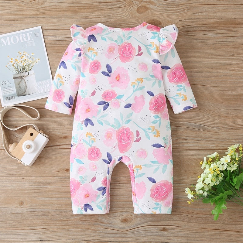 Baby Girls Spring Autumn Rompers Flower Print Long Flying Sleeve Baby Jumpsuits - BTGR8445