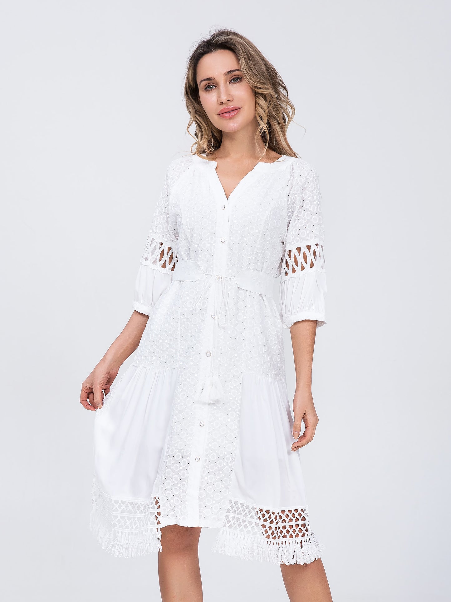 Women Cotton Lace up Hollow out Summer White A-line dress - WD8189