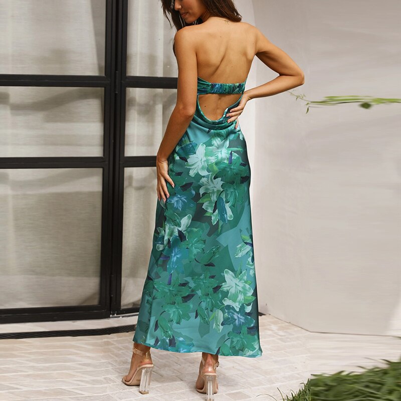 Women Summer Strapless Party Dress Flower Printing Fashion Sleeveless Off-shoulder Slim Dress - WD8239