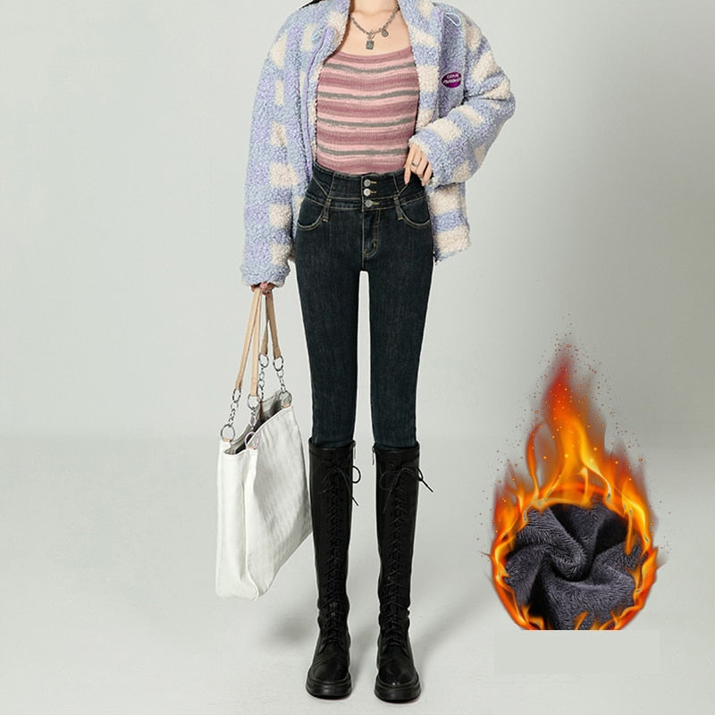 Women Jeans High Waist Skinny Pants Warm Fleece Slim Stretch Ladies Casual Denim Jeans - WJN0001