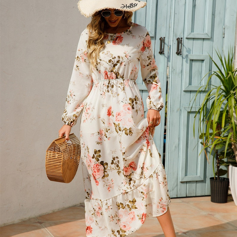 Women Floral High Waist Maxi Dresses For Women Long Sleeve Beach Outfits - WD8069