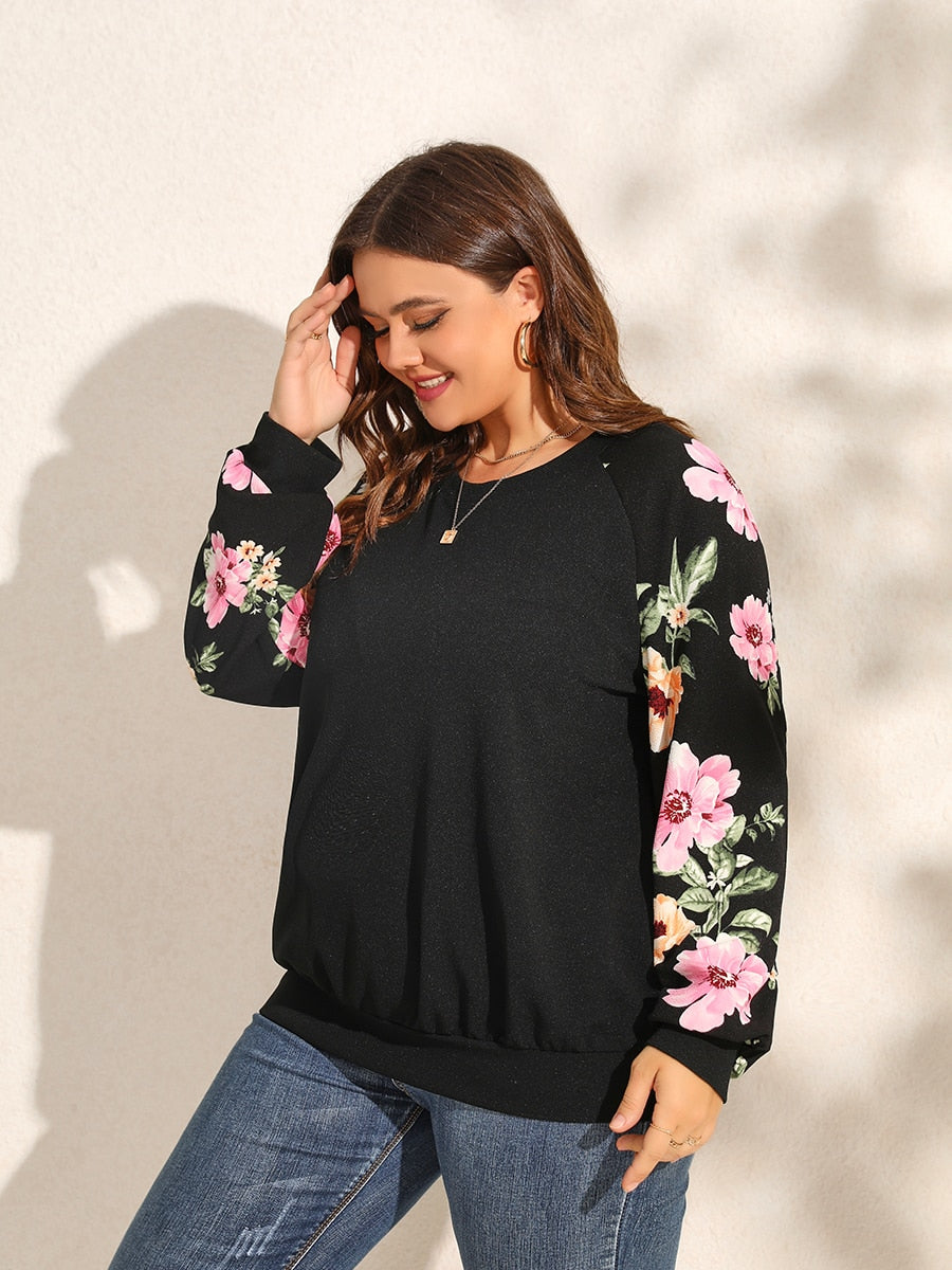 Women Floral Print Long Sleeves Tops Autumn And Winter Plus Size Sweatshirt Clothing - WTS8178