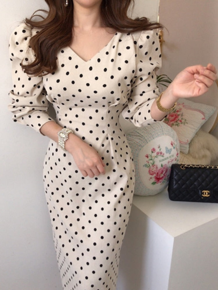 Women Elegant Polka Dot Dress Korea Fashion Long Sleeves Midi V-Neck Dress - WD8121