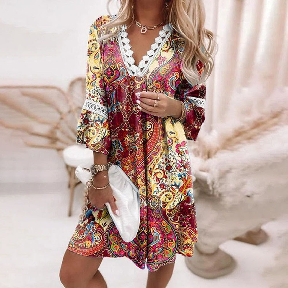 Women Fashion Printed V-neck Long Sleeve Floral Lace Skirt Dress - WD8084