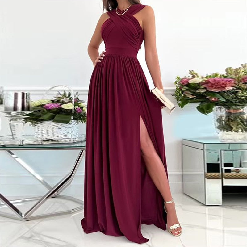 Women Casual Solid Color Party Dress Summer Fashion Sleeveless Split Maxi Dress - WD8232