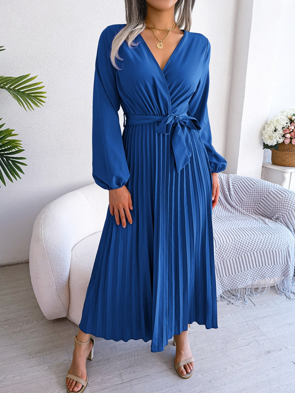 Women Spring Summer Temperament Cross Solid Color V Neck Large Pleated Long Dress - WD8020