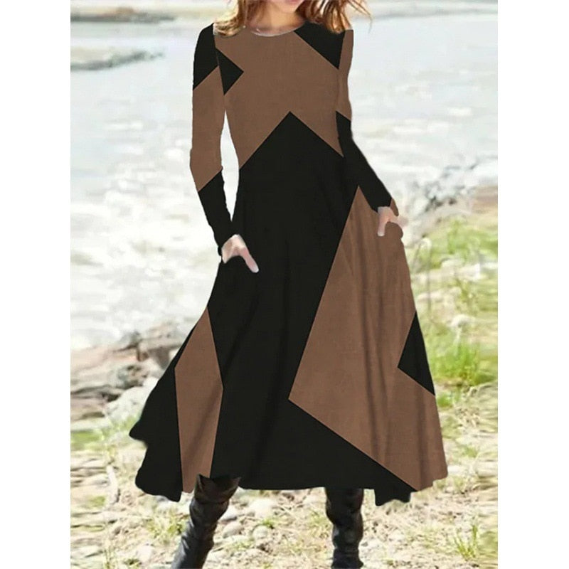 Women Elegant Party Dress Spring Autumn Casual Street Long Sleeve Loose Pockets Midi Dress - WD8027