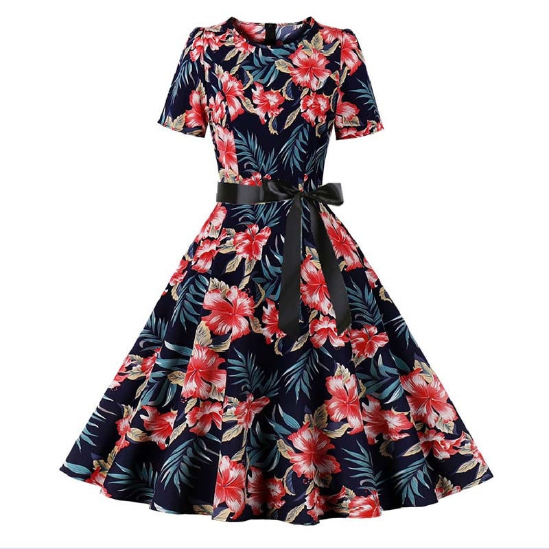 Women Short Sleeve Elegant Floral Printed Summer Dress - WD8011